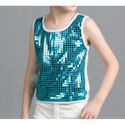 Turquoise red silver sequin hip hop dance costumes boy vest modern jazz dance costumes kids stage costumes for singers tops  